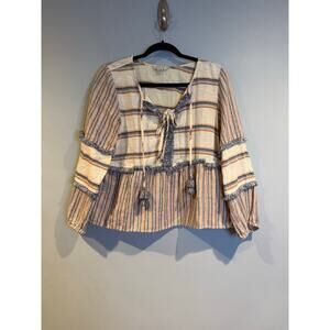 American Eagle Striped Peasant Blouse Boho Tie Front Top Small